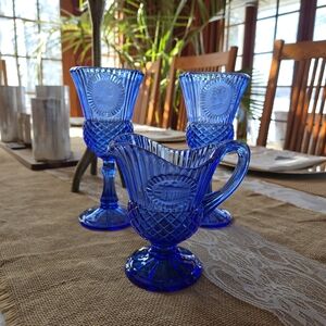 Avon Festoria Vintage George & Martha Washington goblets and pitcher cobalt blue